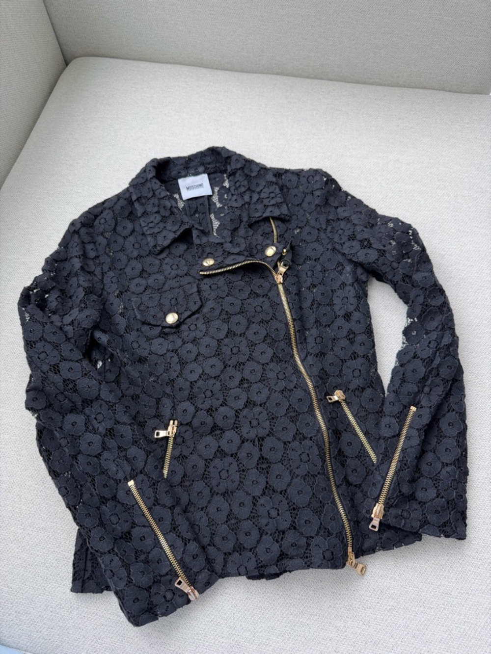 Moschino Lace Moto Jacket Black Floral Gold Hardware Like New